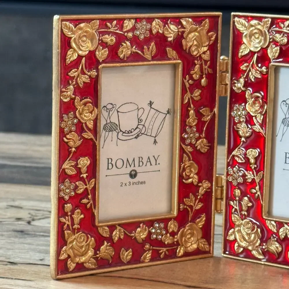 Vintage Bombay Co Red Enamel Gold Rose Triptych Hinged Triple 2x3 Photo Frame